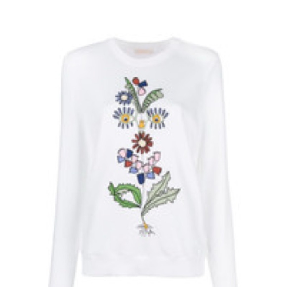 TORY BURCH White Sweatshirt w Floral Embroidery Womens Top